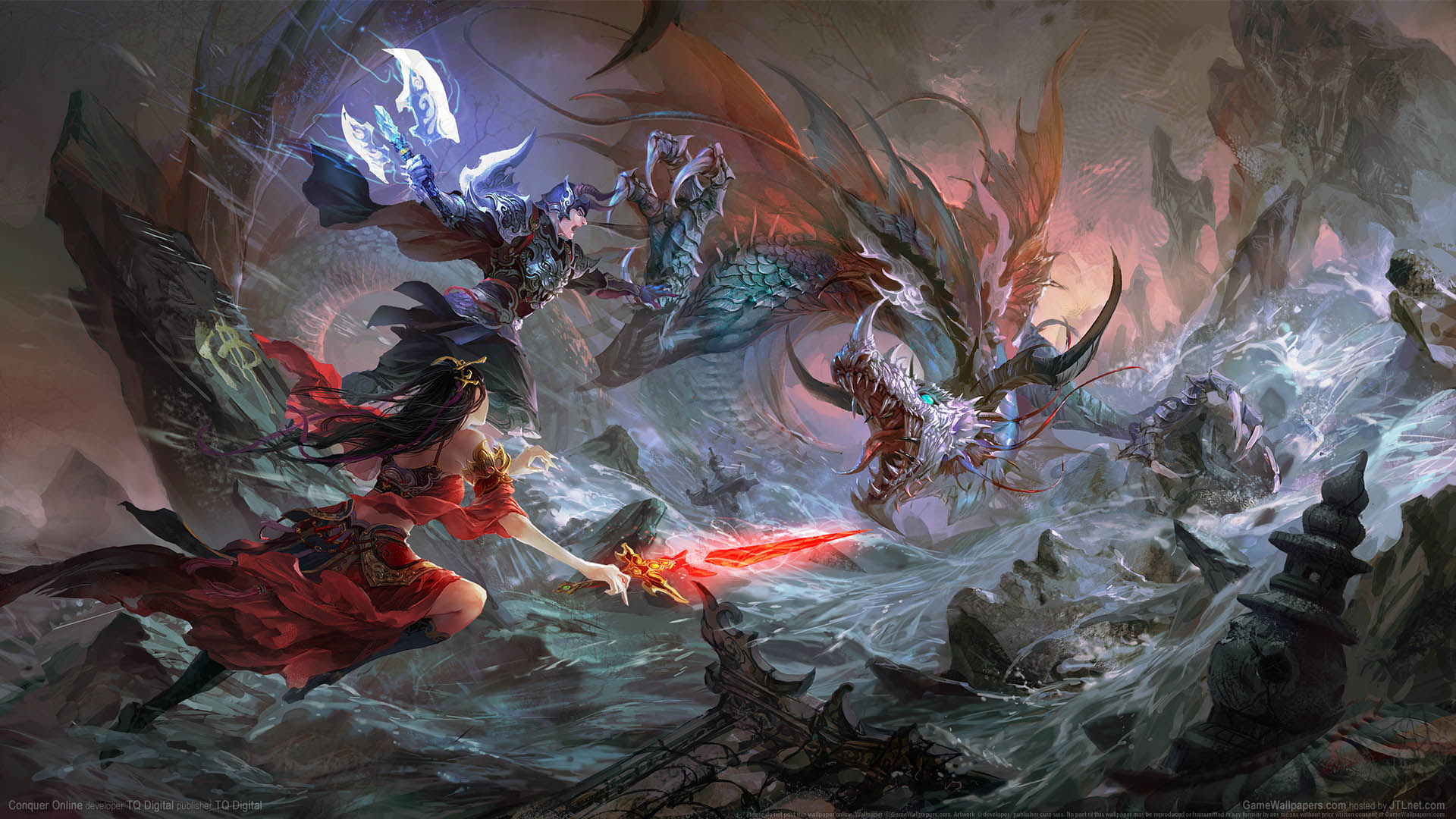 A red-robed heroine with a glowing crimson blade and an armoured warrior with a lightning axe fight a sea dragon in a storm
